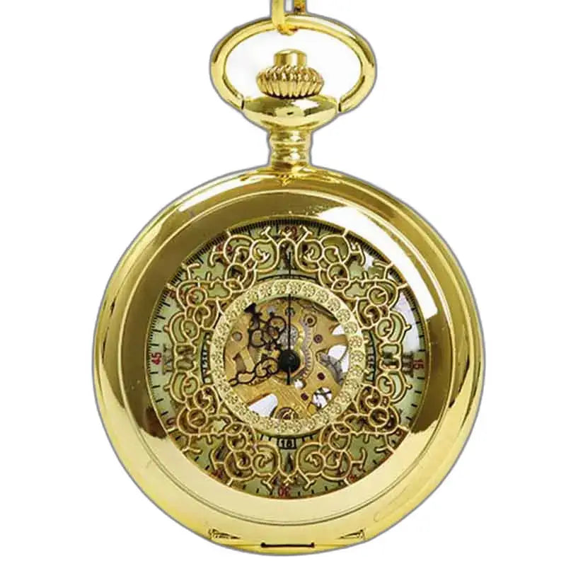 Steampunk-Taschenuhr in Gold, sichtbare Mechanik, echtes Goldnugget