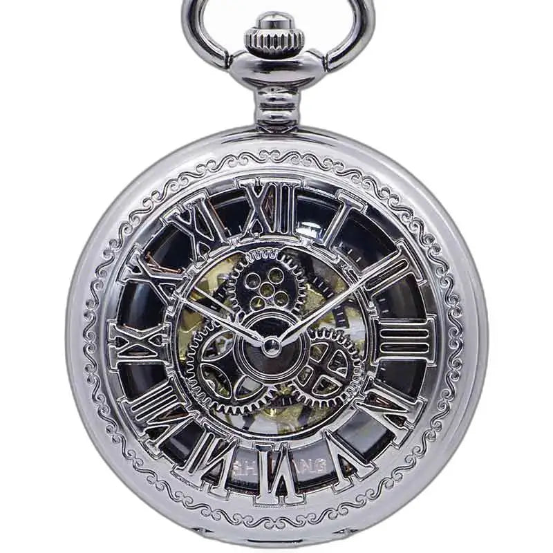 Steampunk-Taschenuhr mit Zahnrädern, elegante silberne Taschenuhr