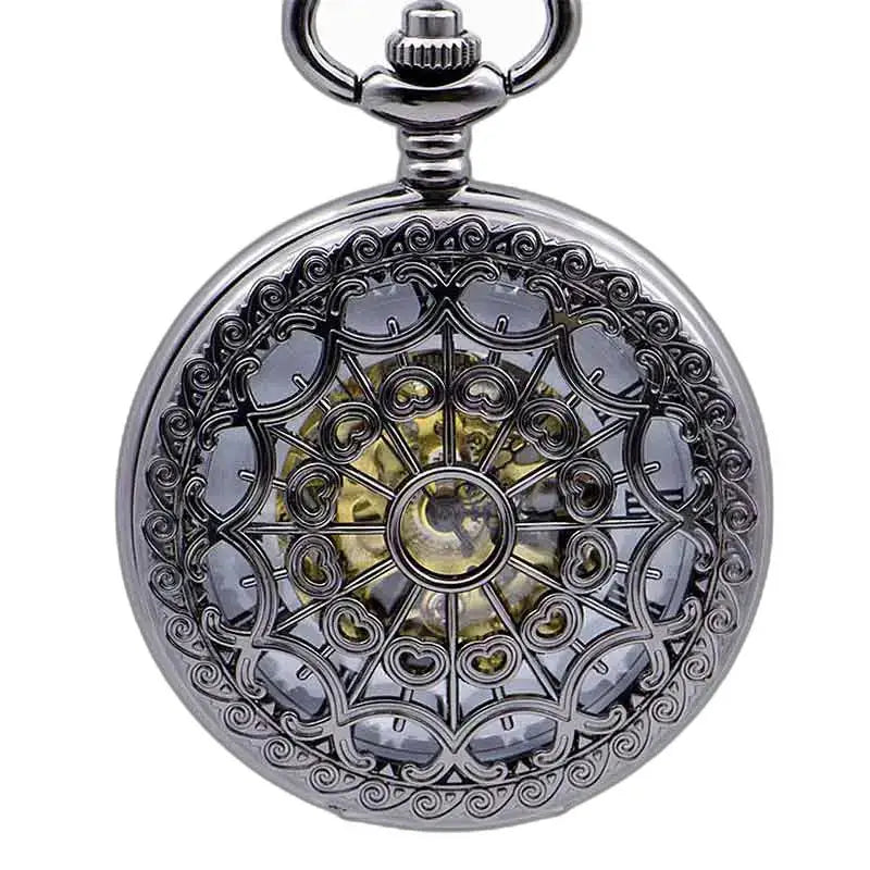 Steampunk-Taschenuhr aus Neusilber mit sichtbarem Mechanismus in verziertem Silber
