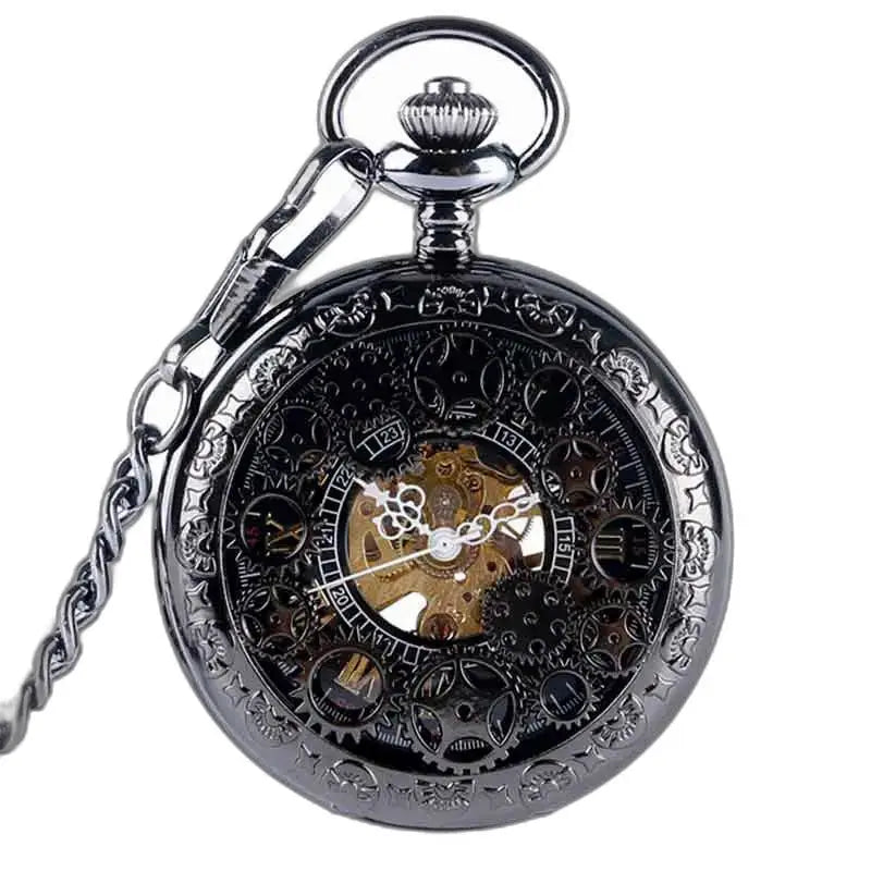 Steampunk-Taschenuhr mit sichtbarem Mechanismus und eleganter schwarzer Kette