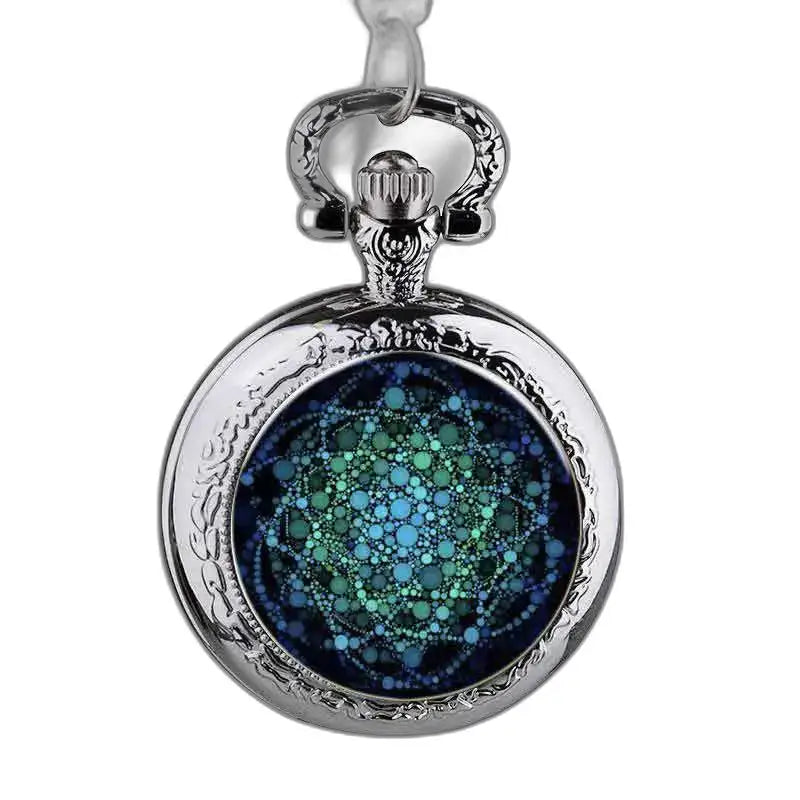 Elegante Perlenrosetten-Anhängeruhr mit blauem und grünem geometrischem Design
