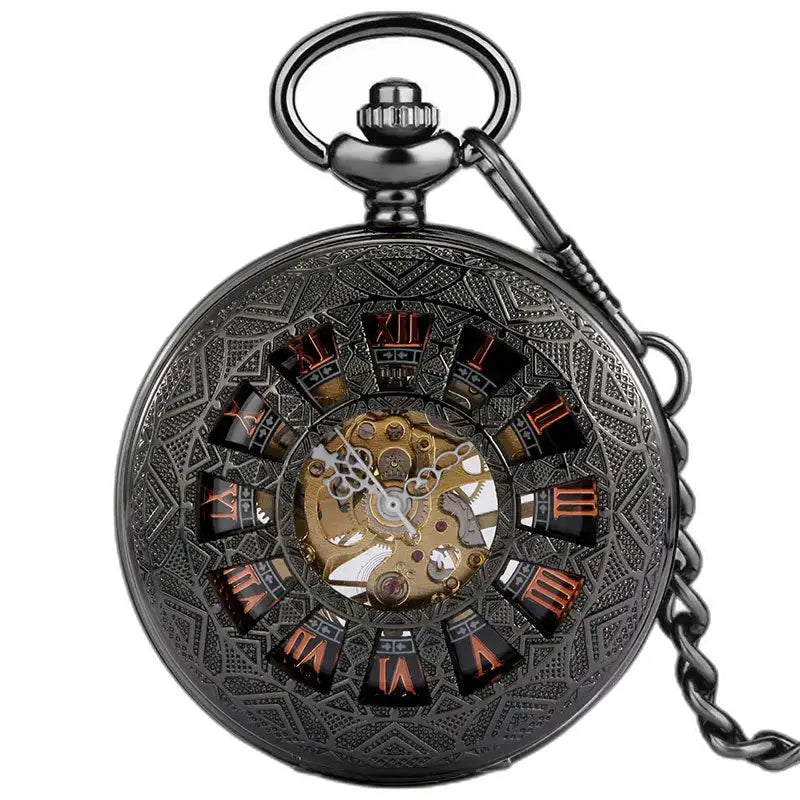 Steampunk-Taschenuhr im Iridium-Gothic-Design mit verziertem schwarzem Zifferblatt