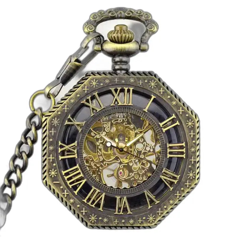 Steampunk-Herrentaschenuhr aus Bronze mit Kette und Skelettmechanismus