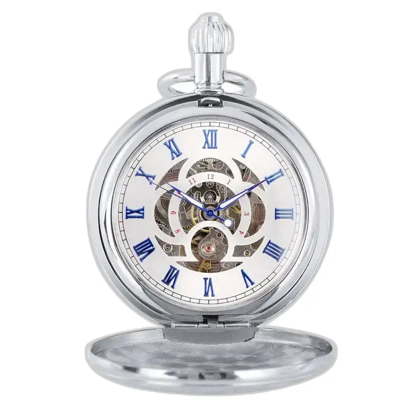 Herren-Automatiktaschenuhr mit Gravur – offenes skelettiertes Zifferblatt, blaue römische Ziffern