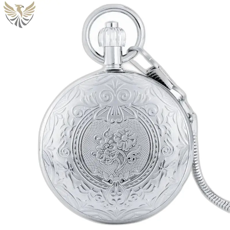 Herren-Automatiktaschenuhr mit Gravur – Deckel mit graviertem Blumenmotiv und Taschenkette