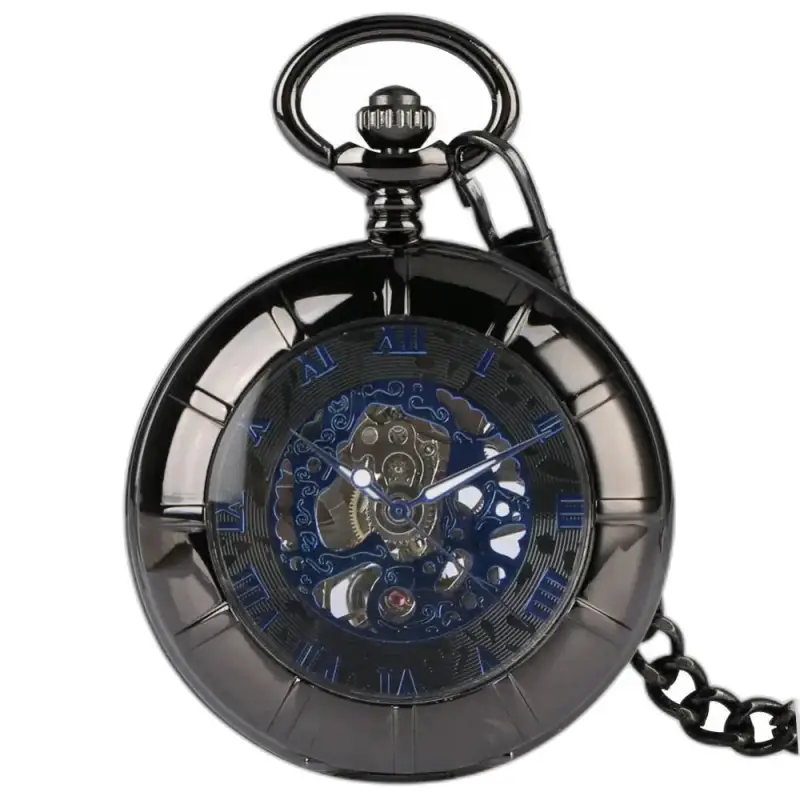 Montre à Gousset Mécanique Blue Venom Homme, horlogerie élégante en acier noir