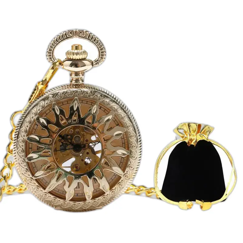 Montre à Gousset Mécanique Golden Sun en or avec chaîne et pochette élégante