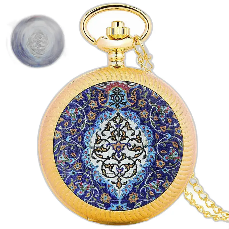 Montre à Gousset Or émeraude avec design floral bleu et blanc sur poche argent fleurs