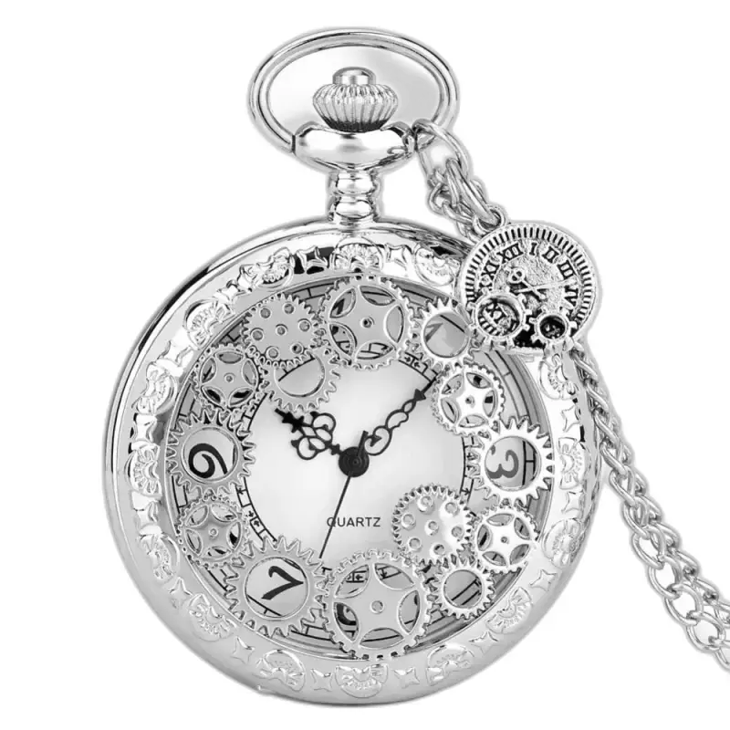Montre Collier Femme Steampunk Quartz Stripped Wheel Argent avec montre de poche argentée
