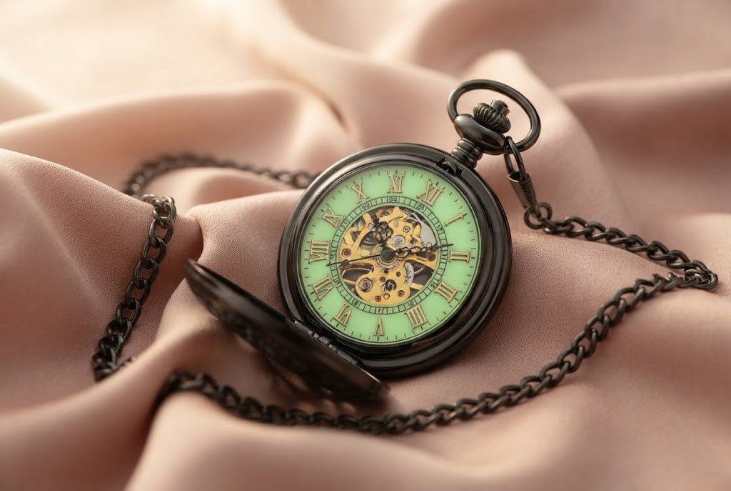 Montre de Poche Mécanique Lumineuse Femme - Noir profond, mécanique visible