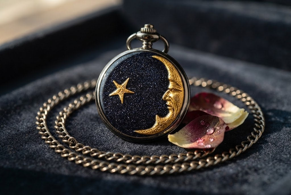 Montre à Gousset Pendentif Quartz Chasseur - Émail nuit et chaîne de 80 cm